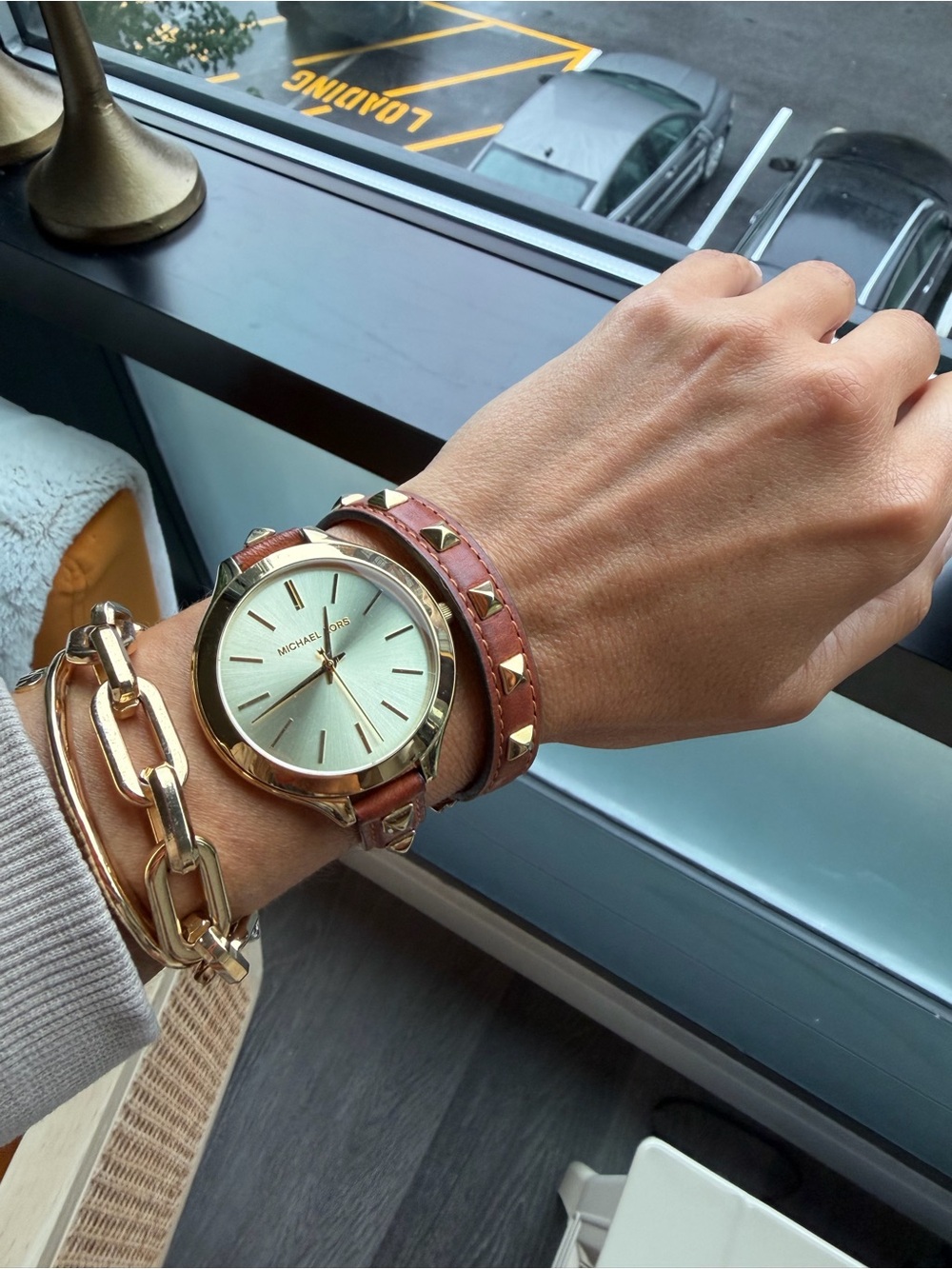 Michael Kors Gold-Tone Dial Watch with Cognac Studded Wrap Strap